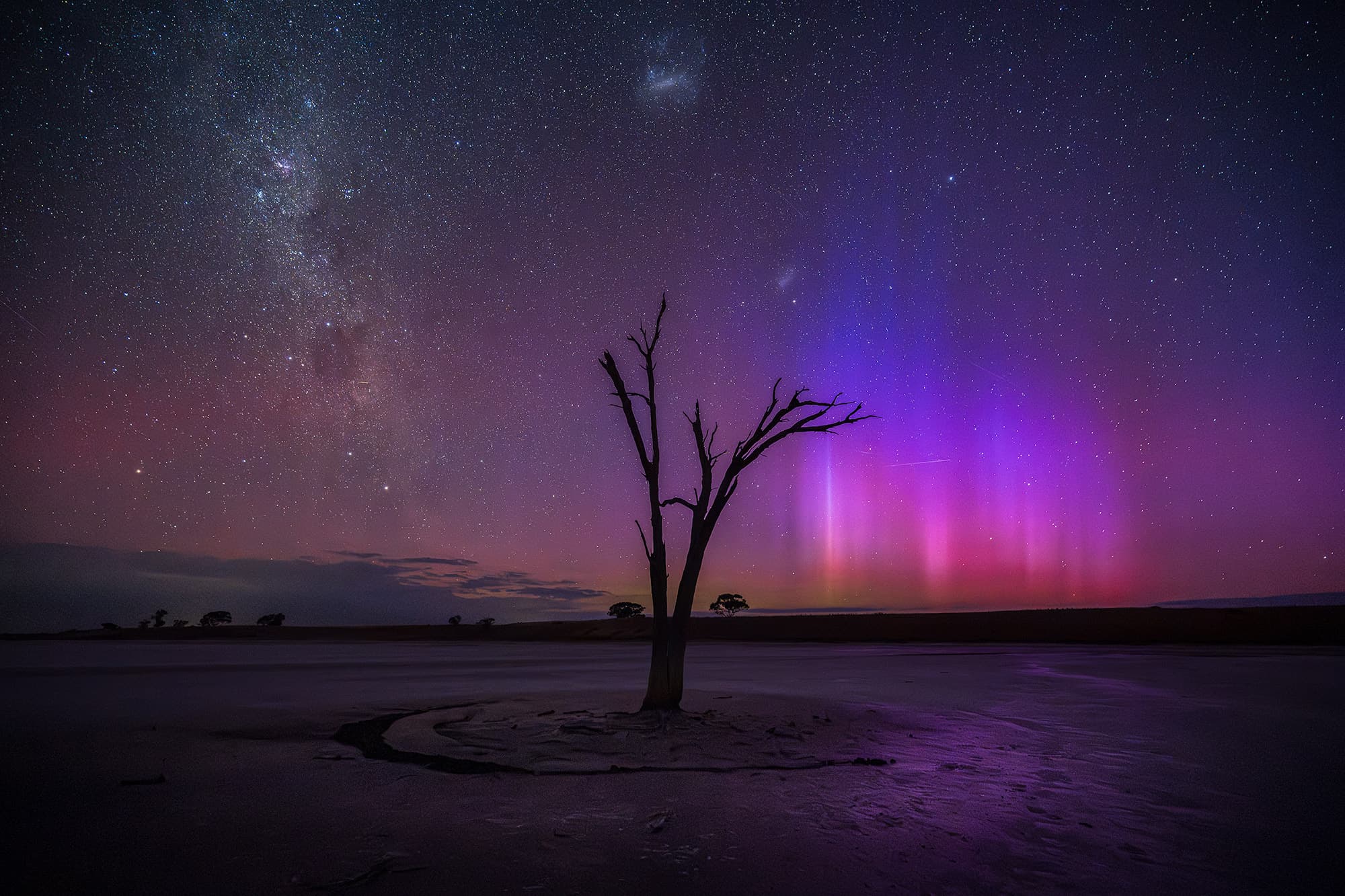 Cosmic light of the Milky Way over the landscape