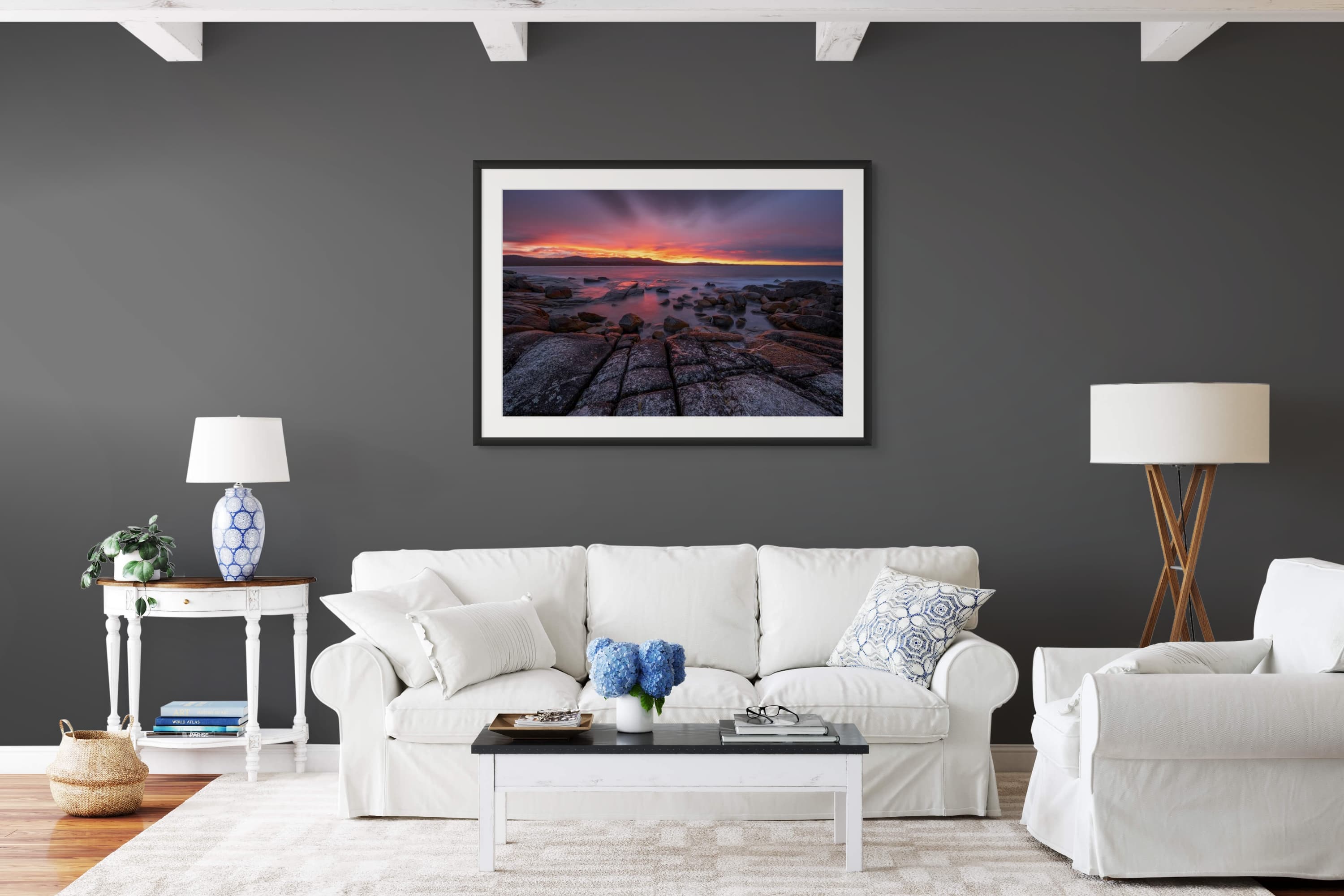 Fiery orange lichen-covered rocks at the Bay of Fires, Tasmania — dark room preview