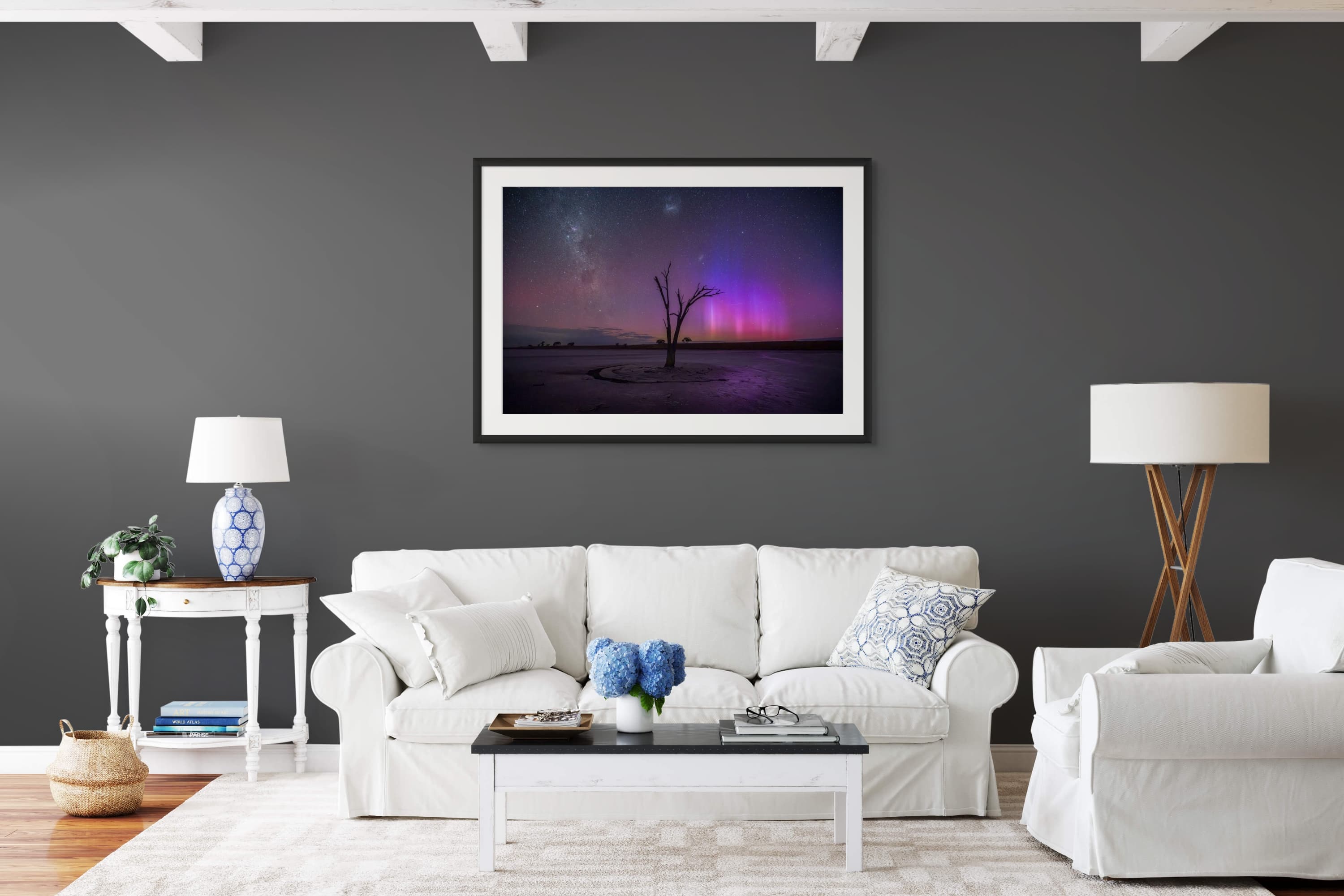 Cosmic light of the Milky Way over the landscape — dark room preview