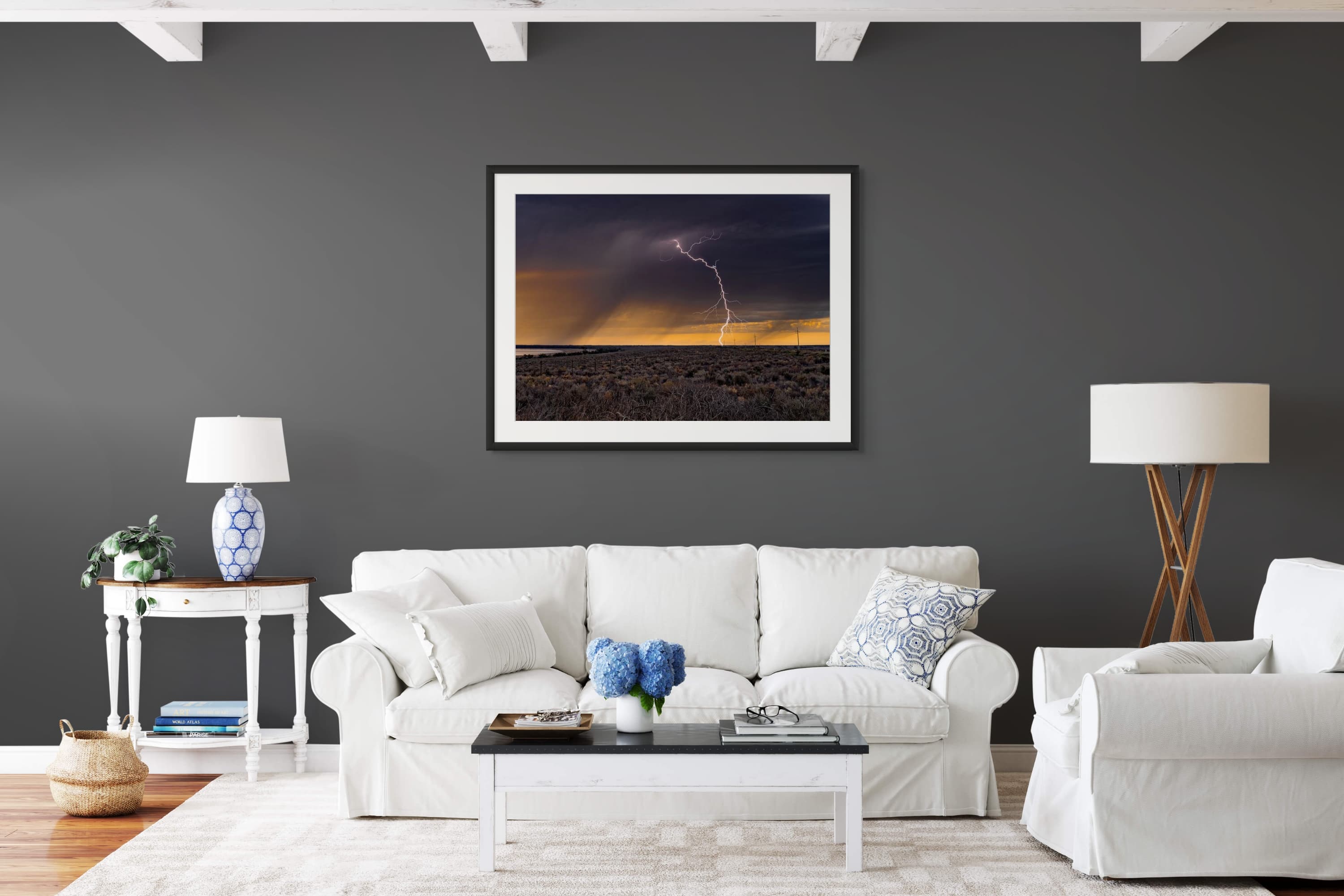 Lightning strike illuminating the sky at dusk — dark room preview